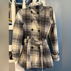 Women's Plaid Pea Coat - Gray and White